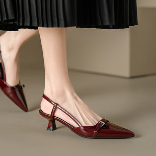 Inside and outside full leather women's shoes stiletto heel pointed toe belt buckle back empty single shoes sheepskin temperament mid heel closed toe sandals fashion