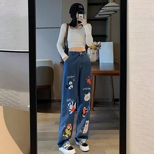 300 Jin plus size Women's chubby girl Niche Cartoon Printed Straight Denim Trousers Spring and Autumn New Casual Loose Waist