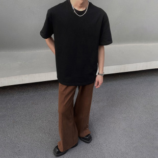 260g heavy pure black shoulder pad short sleeve men's summer small neckline with bottoming half sleeve silhouette cotton T-shirt