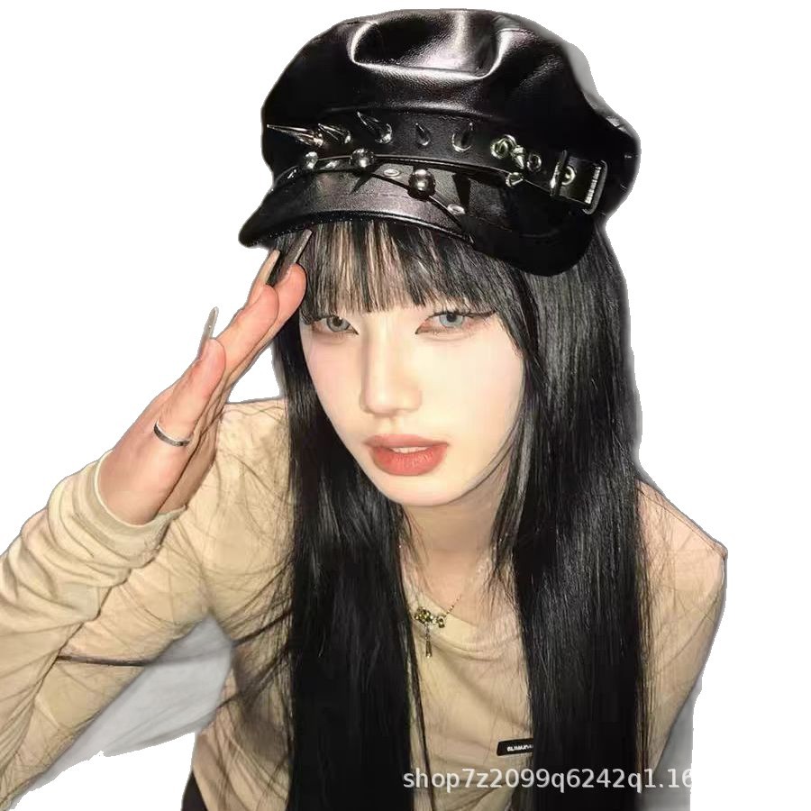 Spicy Girl Punk Rivet Subculture Black Leather Dark Retro Face-Showing Duck Tongue Navy Painter Hat