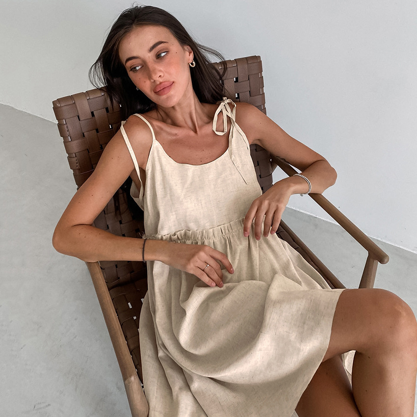 Cross-Border 2026 Spring/Summer New European and American Style Sexy Hot Girl Spaghetti Strap Dress, Casual Vacation Loose Cotton-Linen A-Line Dress