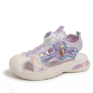 Girls Sports Sandals 2024 New Summer Hollow Out Baotou Girls Princess Shoes Swivel Button Children's Beach Shoes