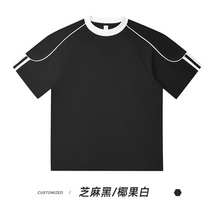 Summer 250G Cotton Contrast Color Line Crewneck Short Sleeve Men's T-Shirt American Retro Simple Casual Couple Half Sleeve Women