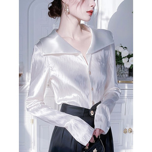 Western Style High-end White Long-sleeved Satin Shirt Women's 2025 Early Spring New Unique French Style Professional Shirt