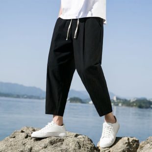Cotton and Linen Cropped Pants Men's Summer Thin Sports Loose plus size Straight Linen Pants Men's Cropped Casual Trousers