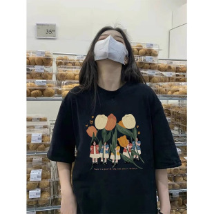 Cotton Tulip Print Design Sense Niche Short-sleeved T-shirt Women's Summer Loose Chic Hong Kong Style Half-sleeved Top