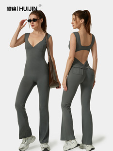 [Huijin] Cross-border European and American conjoined yoga suit pocket V-neck hollow-out back jumpsuit bell-bottom fitness suit
