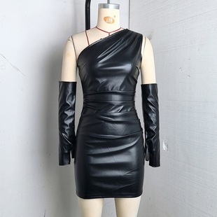 European and American Cross-Border Pu Skirt Street Fashion Women's Diagonal Collar Sleeveless Sleeves Waist-Covering Hip Dress Wholesale