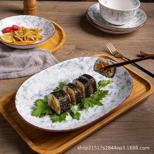 Jingdezhen Blue and Flower Ceramic Tableware Japanese Style Simple Underglaze Color Fish Plate Dish Rice Bowl Household Tableware Set