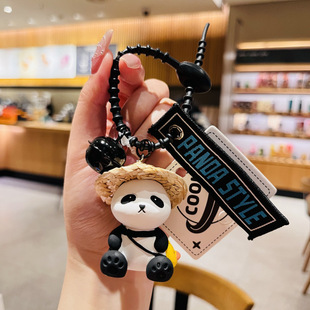 Genuine straw hat little friend Panda series creative cartoon hand rope keychain Bell pendant small gift wholesale