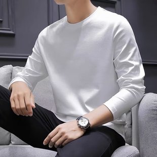 Suitable for cool mercerized cotton long sleeve T-shirt men's autumn ice silk thin base shirt with high-end solid color wide white