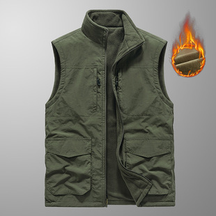 008 Fleece-Lined Vest Large Size M-6Xl New Men's Casual Fashion Pure Color Vest Multi-Flap Pocket Pants Reversible Fleece-Lined
