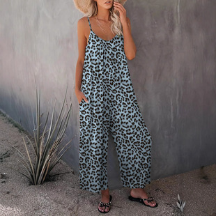 2023 Summer New Women's Casual Sleeveless One-piece Trousers Amazon Leopard Print Slip Pocket Loose Strap One-piece Pants