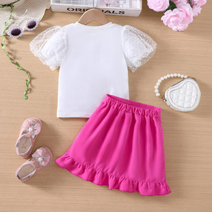 EW foreign trade children's clothing children's new girls' summer white T-shirt rose red ruffled skirt TZ1046-C