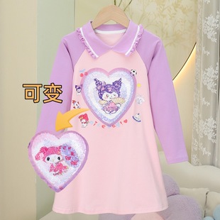 2024 Summer New Fashion Girls Sequin dress T-shirt Color Change Girl Top Cartoon All-match Western Style Cotton