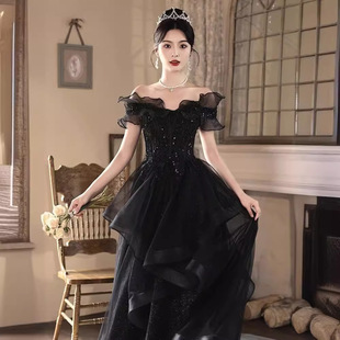 Black Banquet Evening Dress 2025 New High-end Light Luxury One-shoulder Adult Ceremony Art Test Piano Playing Long Dress