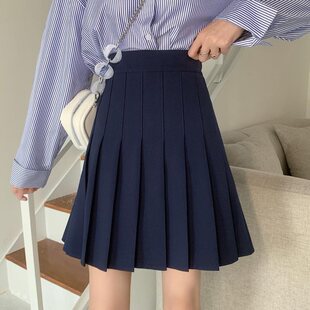 Pleated Skirt Suitable for Fat Women Autumn Large Size Blue High Waist Mid-Length Jk Skirt Preppy Style A-Line Skirt