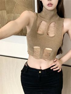 European and American Spice Girls Sexy Hollow Strapless Top Women's Summer Outer Wearing Design Sense Cyber Popular Half-high Collar Knitted Sleeveless Vest