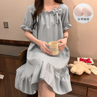 Women's Nightgown with Chest Pad Summer Knitted Cotton Short-sleeved White Princess Style Pregnant Women's Pajamas Summer Home Clothes Outer Wear