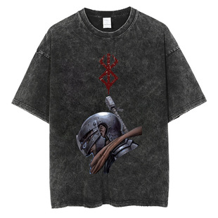 Amazon berserk Sword Style Legendary Printed Vintage Washed Pullover Street Trend Pure Cotton Short Sleeve T-Shirt for Men