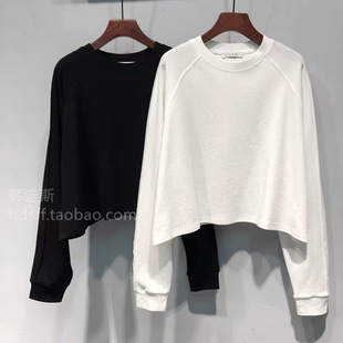 Cotton Autumn and Winter New Round Neck Loose All-match Slimming Lazy Style Student Short Solid Color Long Sleeve T-shirt Top for Women