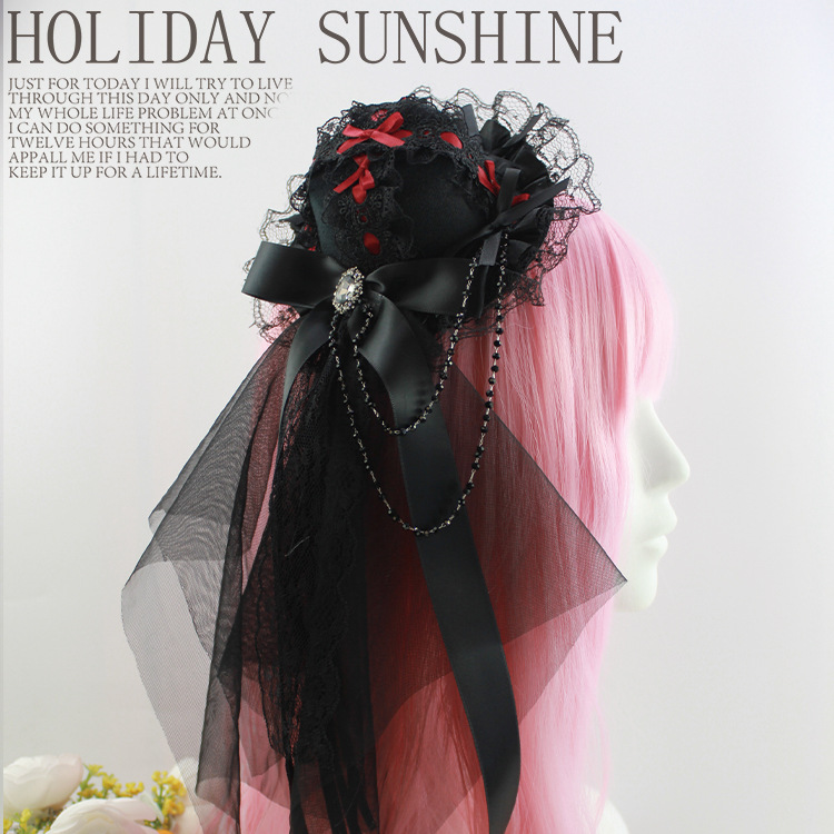 Gothic Dark Lolita Vintage Lace Topper Lolita Original Hand-made Hat Flower Pill Hair Accessories