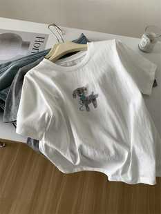 2025 Spring and Summer Young Korean Style Puppy Collar Embroidered T-shirt Women's Loose Casual Washed Cotton Thin Short-sleeved Top