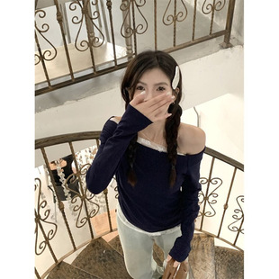 2024 Pure Desire Spice Girl Slant Shoulder Lace Stitching Long Sleeve Women's Early Autumn Slim Fit T-shirt Design Sense Base Top