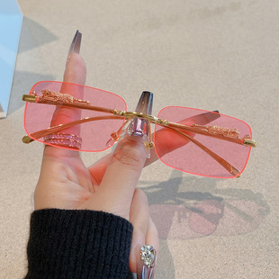 Cross-border new frameless square cheetah decorative sunglasses men and women retro trend leopard head metal sunglasses wholesale