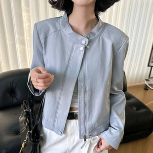 Rich Spring Japanese Korean Style Fresh Haze Blue Protein Leather Jacket Small Motorcycle Elegant Sweet Cool Short Jacket