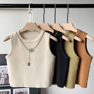 European Short Pure Color Ice Silk Knitted Sleeveless T-Shirt for Women 2025 Summer New Slim Vest Vest Top
