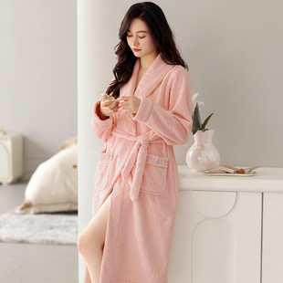Winter Nightgown Flannel Pajamas Women's Thickened Bathrobe Simple Long Sleeve Mid-length Coral Fleece Warm Women's Home Clothes