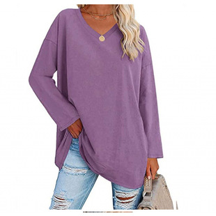 Autumn New European and American AliExpress V-neck Solid Color Fashion Loose Shoulder Long Sleeve T-shirt Base Jacket Multi-color Multi-size
