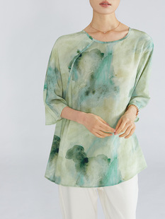 Mulberry Silk Crepe de Chine National Style Ink Painting Silk Green Printed New Chinese Style Top Temperament T-Shirt Small Shirt