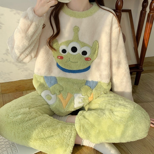 Pajamas Women's Autumn and Winter New Thickened Coral Fleece Cute Cartoon Casual plus size Home Clothes Flannel suit