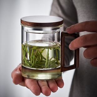 Wooden Handle High Borosilicate Glass Tea Cup Office Tea Separation Green Tea Cup Simple Large Capacity Three-Piece Cup