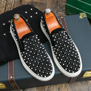 Cross-border Men's Shoes Loafers Men's Trendy Shoes Slip-on Lazy Shoes New Orange Rivet Crystal Diamond Shoes Small Leather Shoes