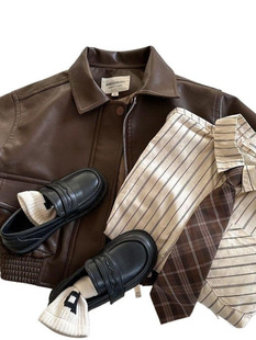 Children's Coat 2025 Spring New Boys and Girls Solid Color Lapel Leather Coat Baby Korean-style All-match Short Jacket Trendy