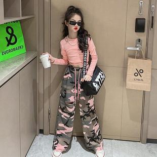Girls' camouflage ripped straight casual pants 2024 New Korean style large children's high waist drape slimming wide leg pants trousers