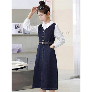 Cross-border belt dress spring and autumn women 2024 new white shirt Denim vest skirt fashion two-piece set