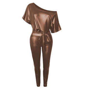 2023 Amazon ebay Cross-border Leather Jumpsuit Strap Off-shoulder Sexy Tight Leather Jumpsuit