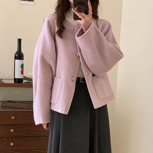 2024 autumn and winter high-grade wool small fragrant wind pink purple coat new short loose round neck small wool