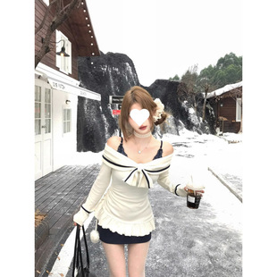 [Fu Bai hand letter] true two-piece suit women's spring and autumn bow pure wind dress lace suspender skirt