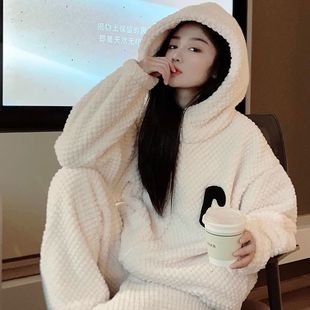 Source Factory 2024 New Pajamas Women's Winter Coral Fleece Thickened fleece-lined Black Hooded Zipper Home Clothes