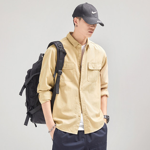Shirt Men's Autumn New Loose Japanese Style Simple Pure Cotton Long Sleeve Shirt Solid Color Workwear Pocket Top