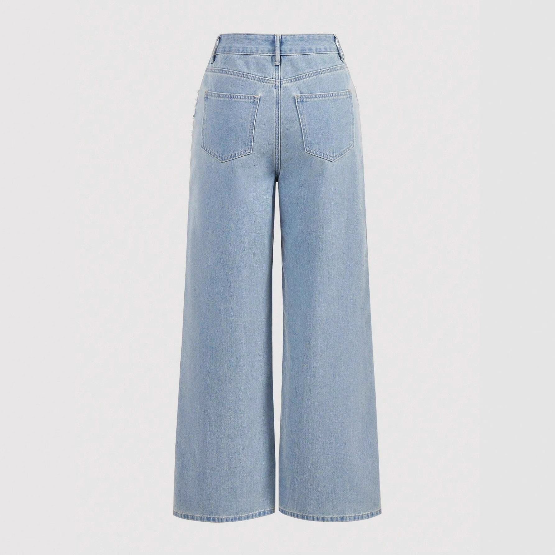 外贸jeanswomen欧美ins热销休闲宽松显瘦牛仔裤女钉珠直筒长裤