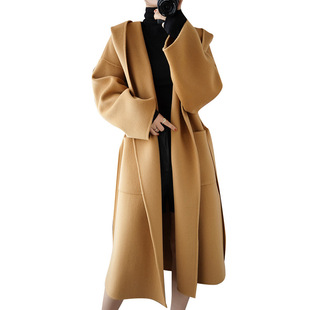 Double-sided Cashmere Coat Women's Autumn and Winter New Hooded Belt Loose Lazy Korean Style Wool Coat Scarf