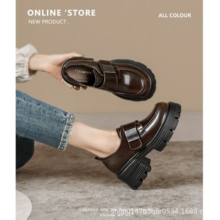Retro platform loafers women's 2024 new Velcro chunky heel round toe versatile fashion British style leather shoes