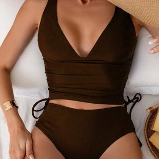 Cross-border 25 European and American foreign trade new solid color deep V-neck drawstring bikini high waist briefs split swimsuit