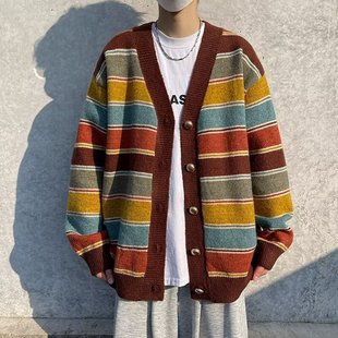 Autumn and Winter New Japanese Striped Sweater Cardigan Men's Trendy All-match Lazy Style Loose Knitted Sweater Jacket for Couple